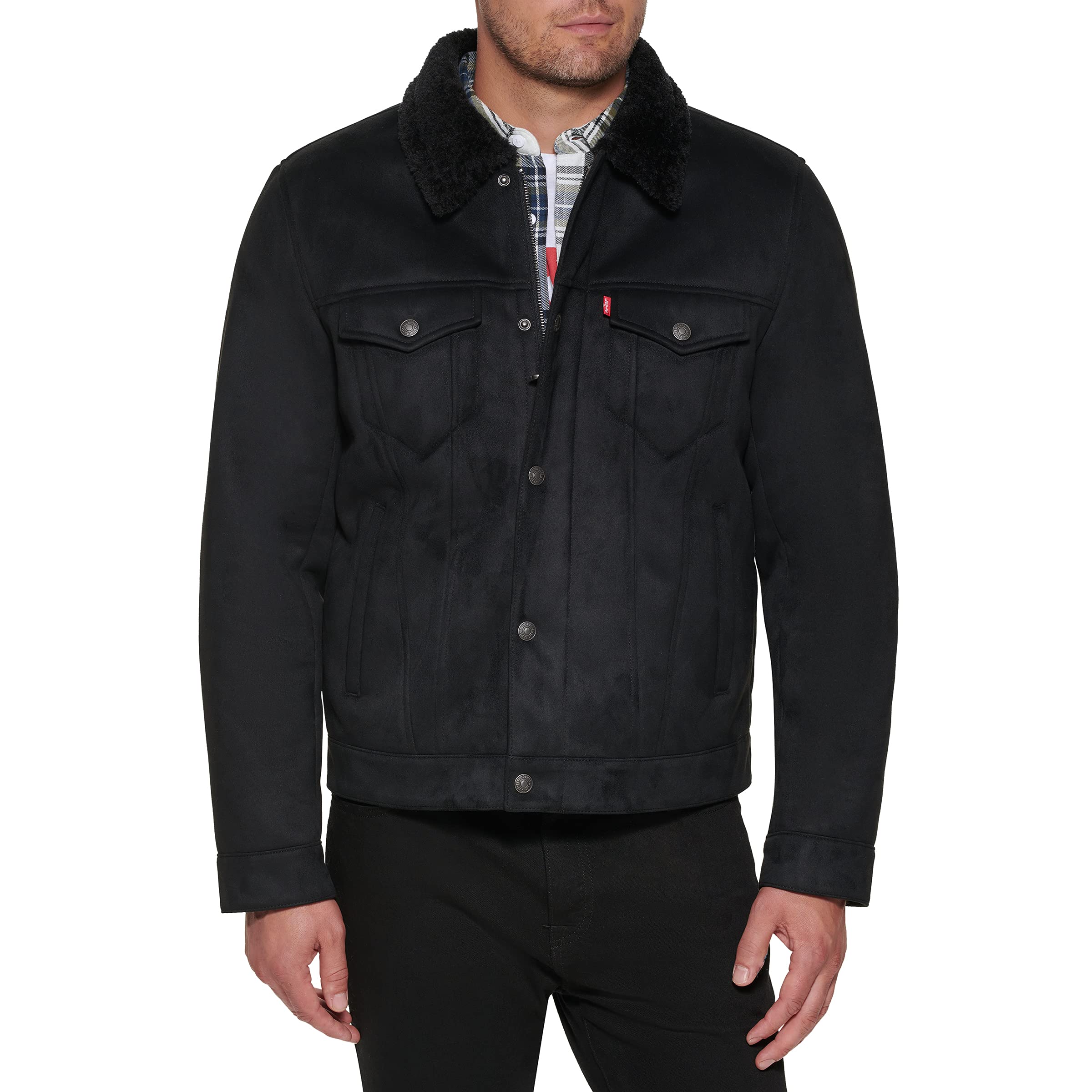 Levi's Men's Faux Leather Sherpa Lined Trucker Jacket, Black Faux Shearling, Small Image