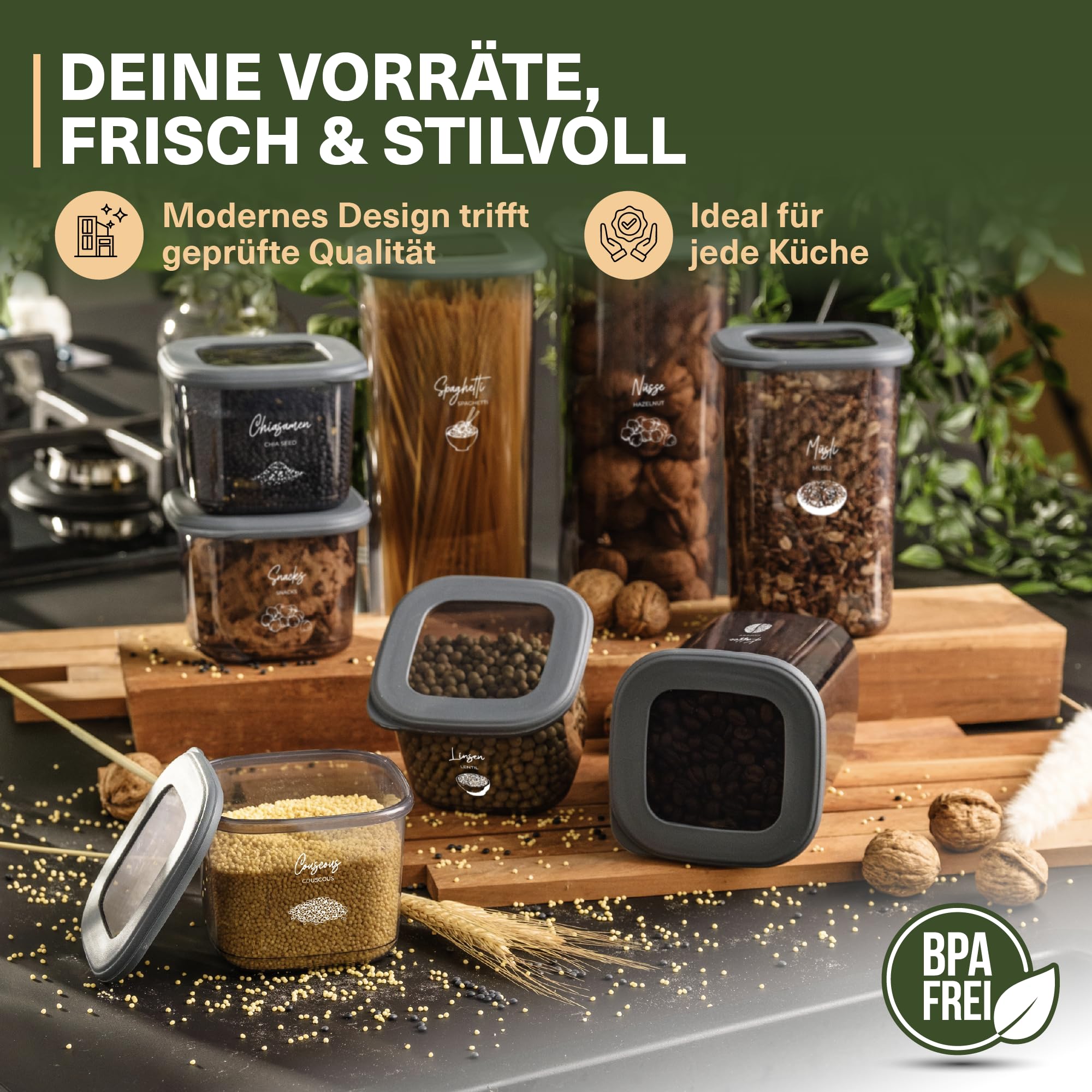 Viwares Vorratsdosen mit Deckel Luftdicht, 12er Vorratsbehälter Set BPA-Frei, Vorratsdose zur Müsli Mehl Aufbewahrung Küche, Praktische Organizer Küche, Frischhaltedosen für Lebensmittelaufbewahrung 8
