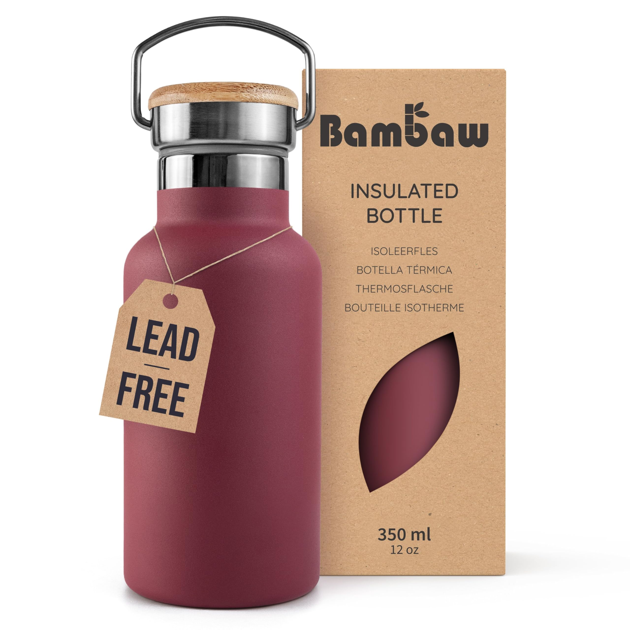 Bambaw Insulated Water Bottle 350ml with Handle, 350ml Stainless Steel Water Bottle, Rust-Resistant & Sleek, Fits Cup Holder & Easy to Carry, Perfect for School, Gym or Sport (Red Berry)