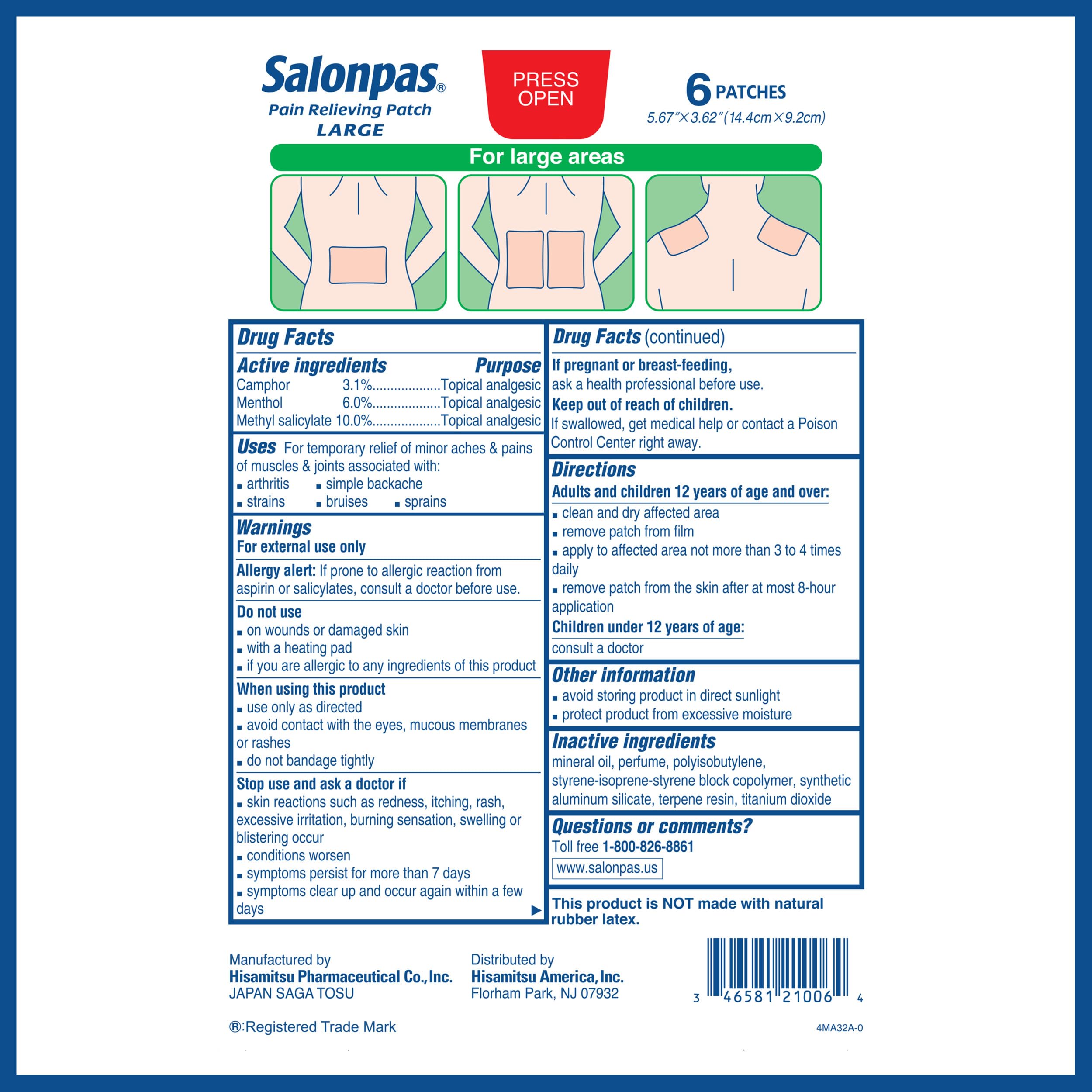 Salonpas Pain Relieving Patch, LARGE, 6 Count, for Back, Neck, Shoulder, Knee Pain and Muscle Soreness, 8 Hour Pain Relief