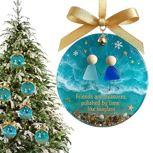 Sea Glass Friendship Decor, 3D Christmas Decorations, Round-Shaped Christmas Tree Hanging Ornaments, Handmade Keepsake Gift for Women, Timeless Art Glasses Pendant for Best Friend (1, A)