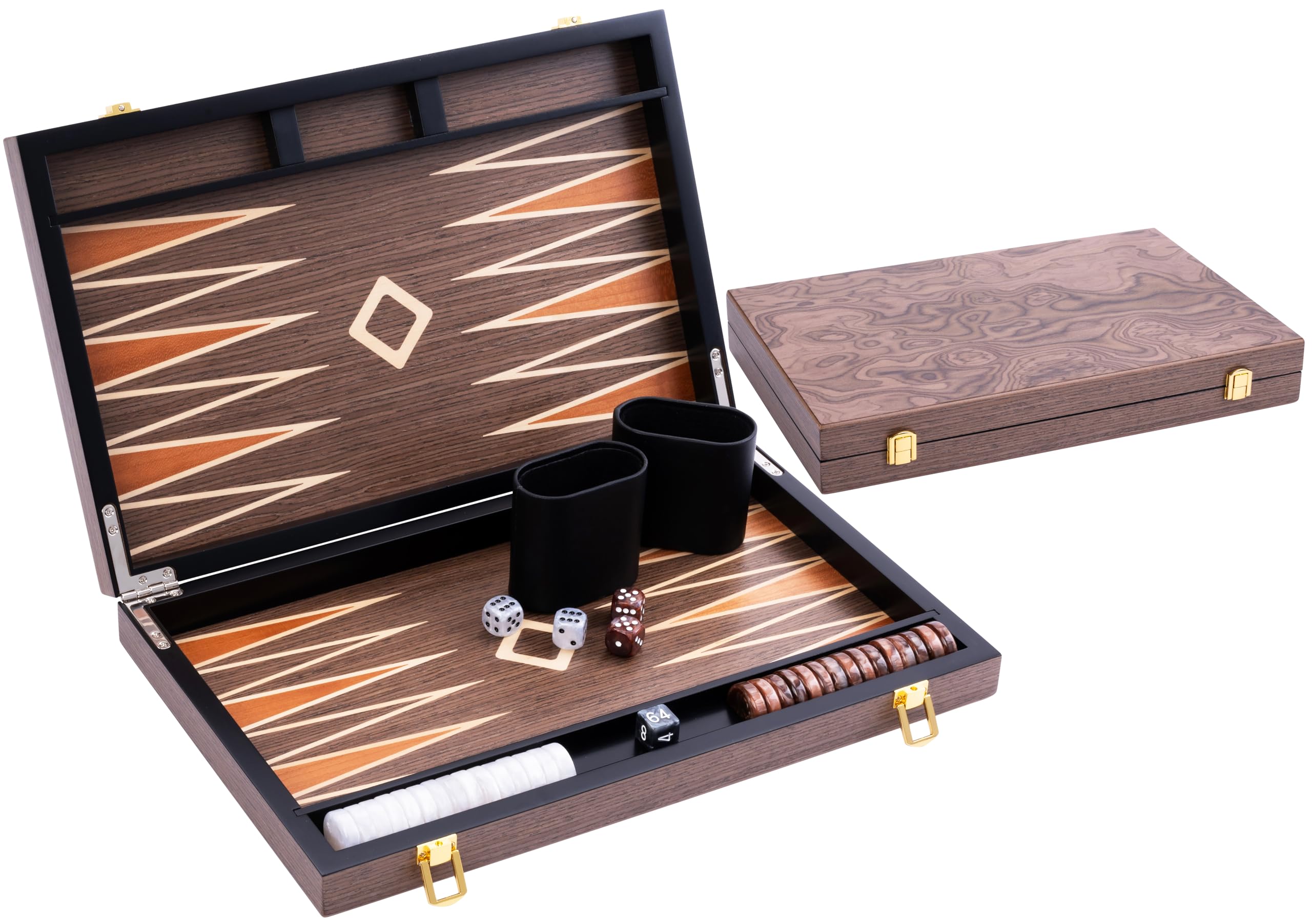 Engelhart – 250546 – Deluxe 15-inch Backgammon Set with Varnished Walnut Burl Veneer – Metal Closure – Pearly Dice, Chips, and Wooden Cups Included – 2 Players – Game Rules Included – Ages 6+