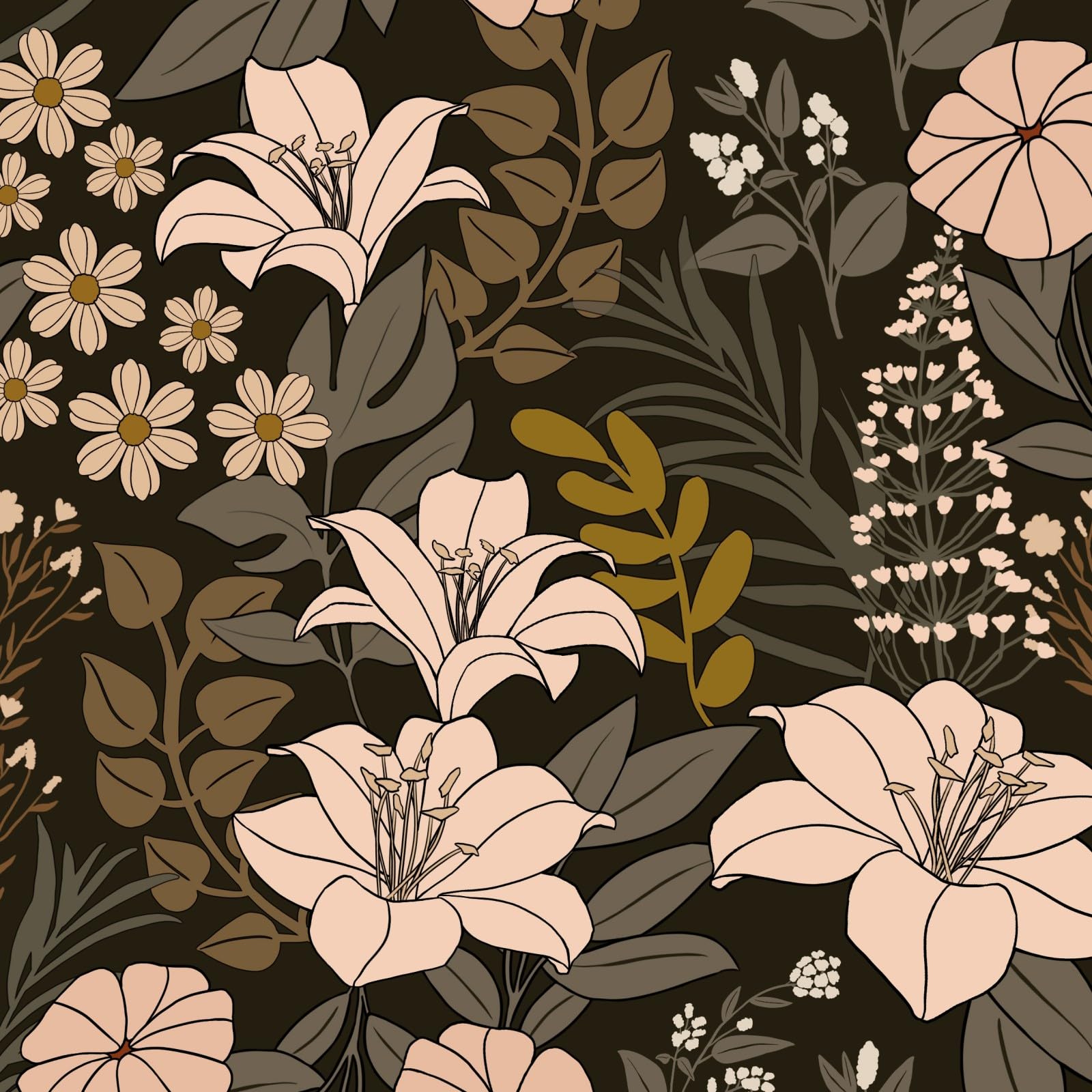 VOLEAAR Lily Floral Wallpaper Peel and Stick Vintage,Dark Flower Contact Paper,Boho Wall Paper for Bedroom Bathroom Backsplash Shelf Liner Vinyl Removable Waterproof 44.5CM x 300CM