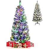 Goplus 8 FT Pre-Lit Snow Flocked Christmas Tree, Artificial Hinged Xmas Full Tree