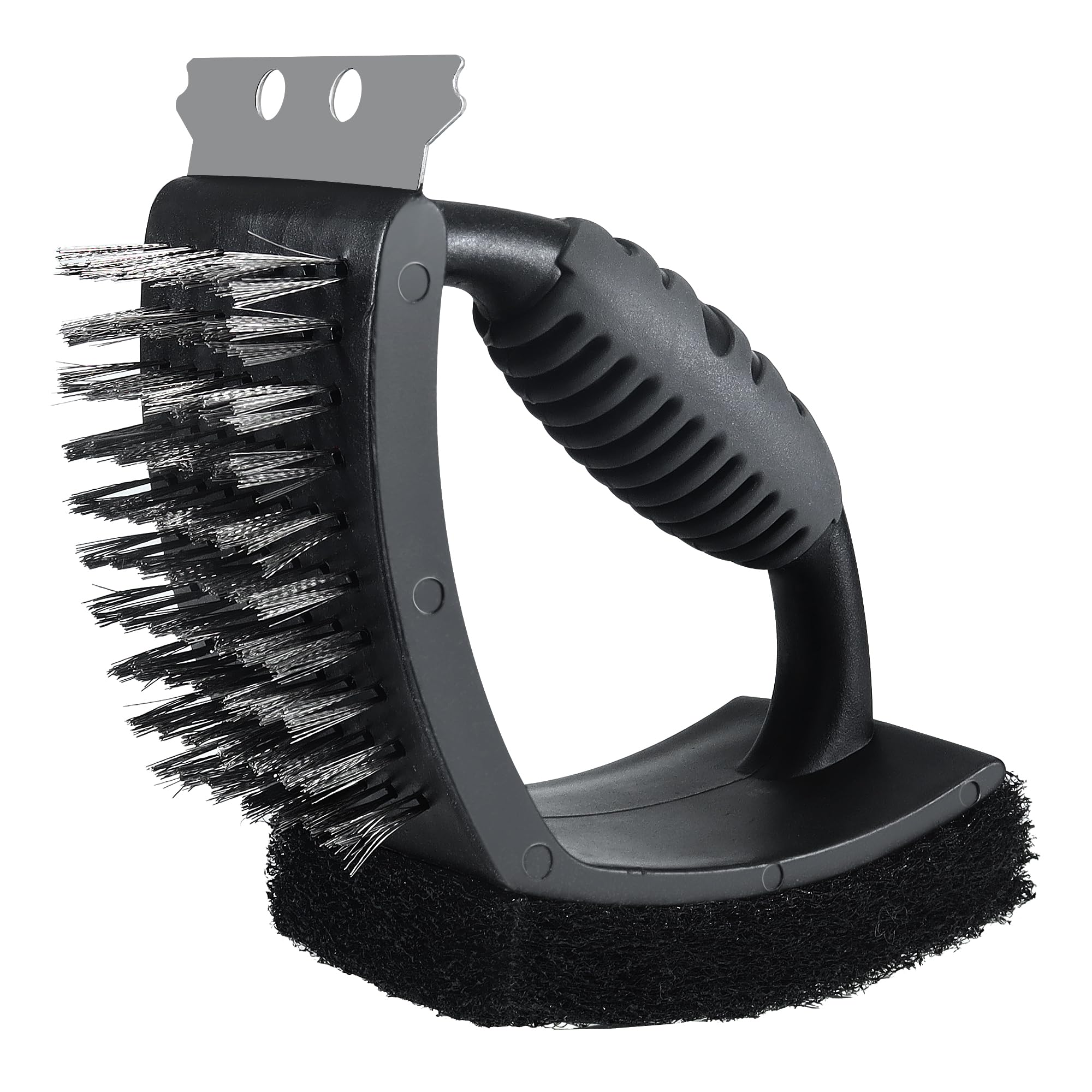 BBQ Grill Brush Barbecue Cleaning Brush 3 In 1 Barbecue Cleaner Tools Steel Scraper Scouring Pad Copper Wire Brush Heavy Duty Grill Cleaning Kit with Heat Insulation Handle (Black-handle)