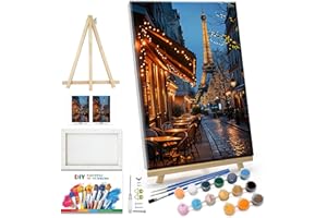 JOOZ Paint by Numbers Kit for Adults with Frame Eiffel Tower Paint by Number with Easel City Street Scene Adult Paint by Number Kits DIY Oil Painting Kits for Gift Home Wall Decor 7.87x11.81 Inch