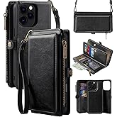 MInCYB for iPhone 16 Pro Max Wallet Case with Crossbody Strap & Magnetic Detachable PU Leather RFID Blocking Card Holder for Women Men, 6.7" - Black
