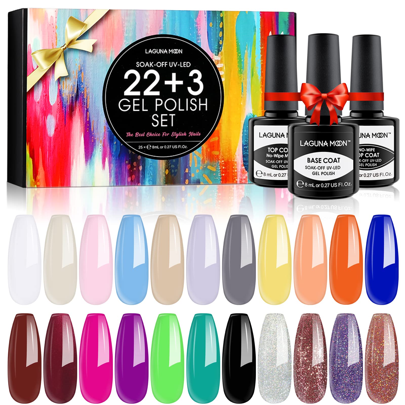 25pc Gel Nail Polish Set – Variety Rainbow Colours with No-Wipe Top Coat, Matte Top Coat, Base Coat - Soak Off UV Manicure + Pedicure Gift Set Starter Kit for DIY Nail Art and Salon Use (8ml/0.27oz)