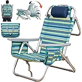 ALPOME Aluminum Backpack Low Profile Beach Chair - 5-Position Lay Flat Reclining Folding Chair with Removable Cooler Bag - Heavy Duty 330 lbs Capacity, Lightweight Portable Sand Seat - Striped Green