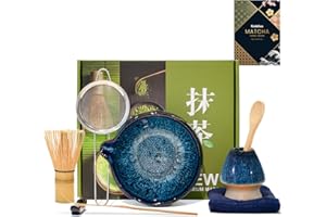 GREBILUX Matcha Whisk Set, Blue Matcha Kit (9 Pcs) Includes Bowl, Whisk, Holder, Scoop, Sifter, Spoon, Rest, Mat, Book - Exclusive Patented Ceramic Matcha Set for Matcha Lovers