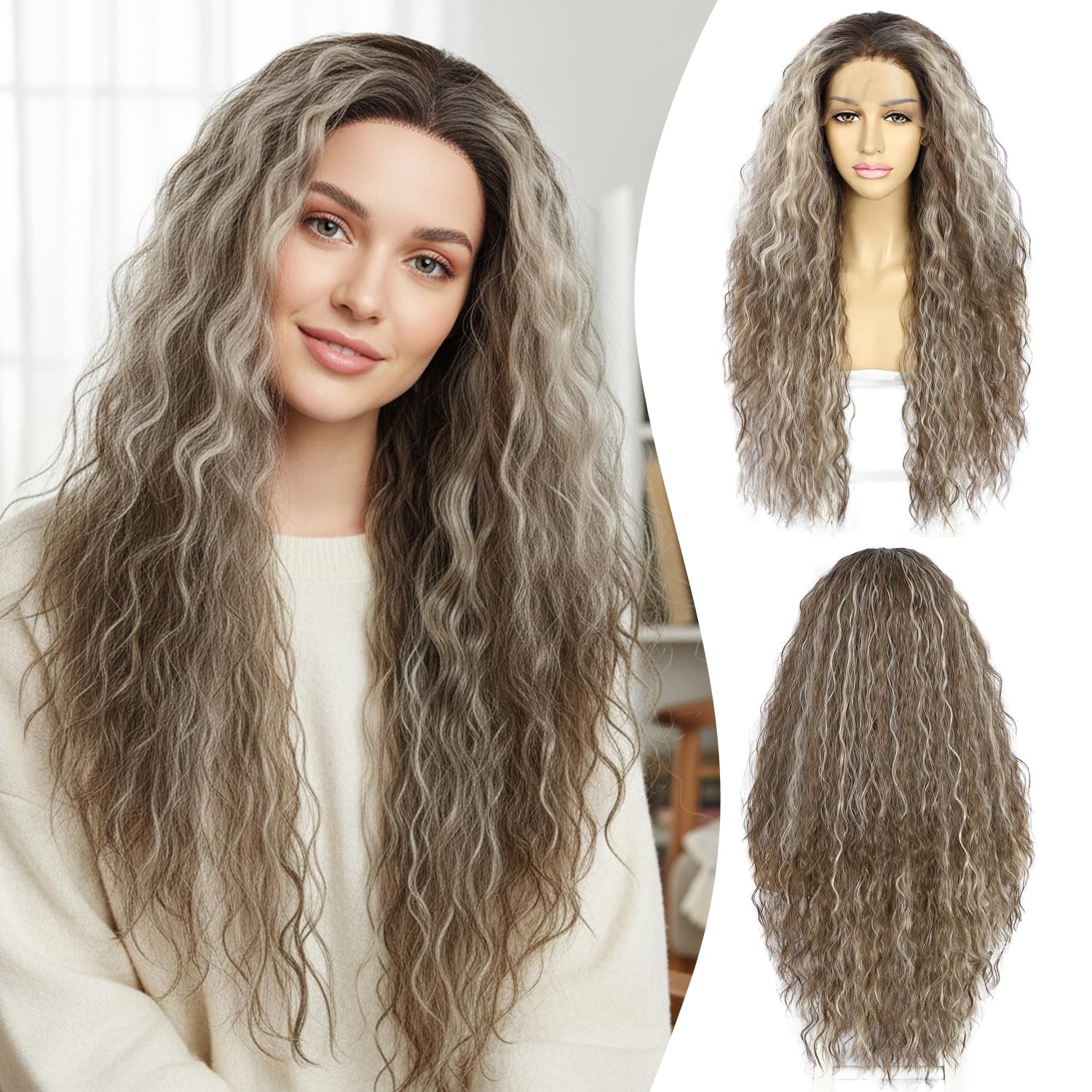Sapphirewigs Highlights Curly Lace Front Wig Ombre Grey Synthetic Wigs for Women 13x3 Daily Wear Party Christmas Halloween Heat Resistant 26 inch