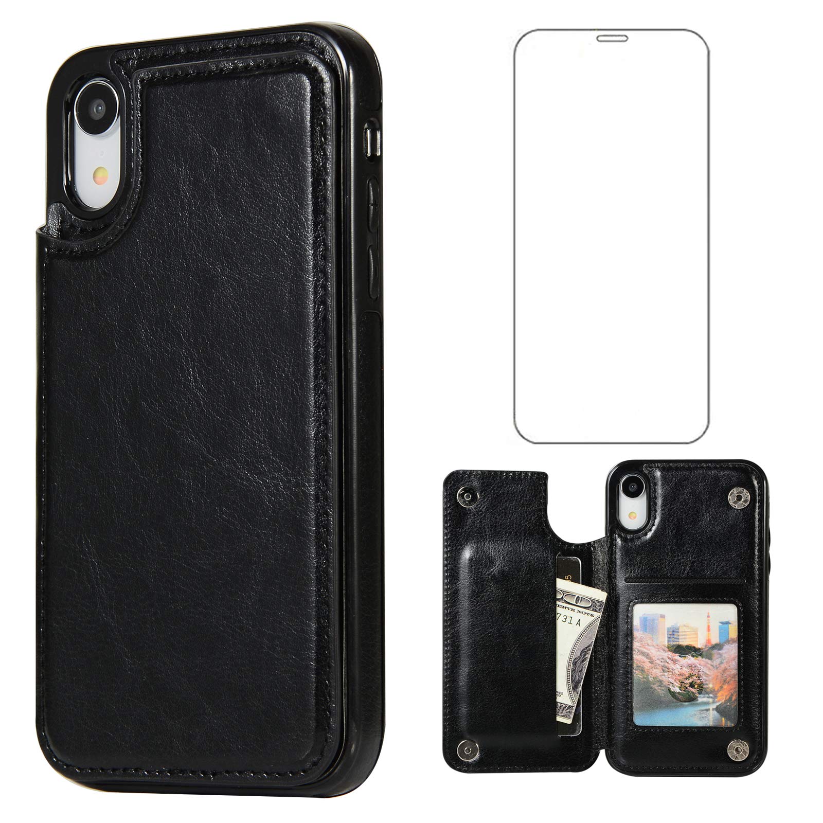 Asuwish Compatible with iPhone XR Wallet Case Tempered Glass Screen Protector Card Holder Stand Cell Accessories Cover Phone Cases for iPhoneXR iPhone10R i Phonex 10XR 10R 10 R RX iPhoneXRcases Black