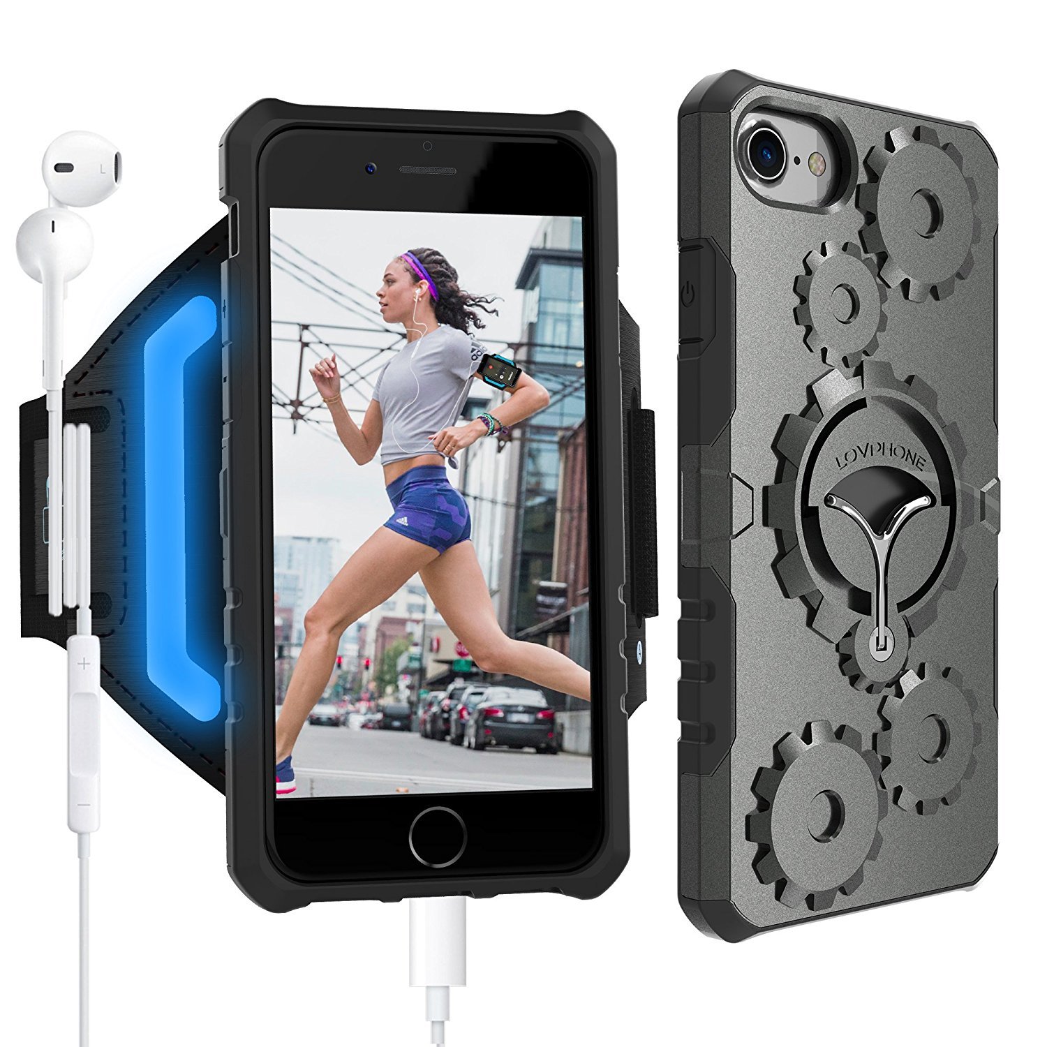 iPhone 7/7 Plus Armband & Armour Case Set-LOVPHONE Multifunctional Sport Running Armband + Premium Protective Case with Kickstand for iPhone 6/6S/7/7 Plus,Soft Elastic Strap with Key Holder