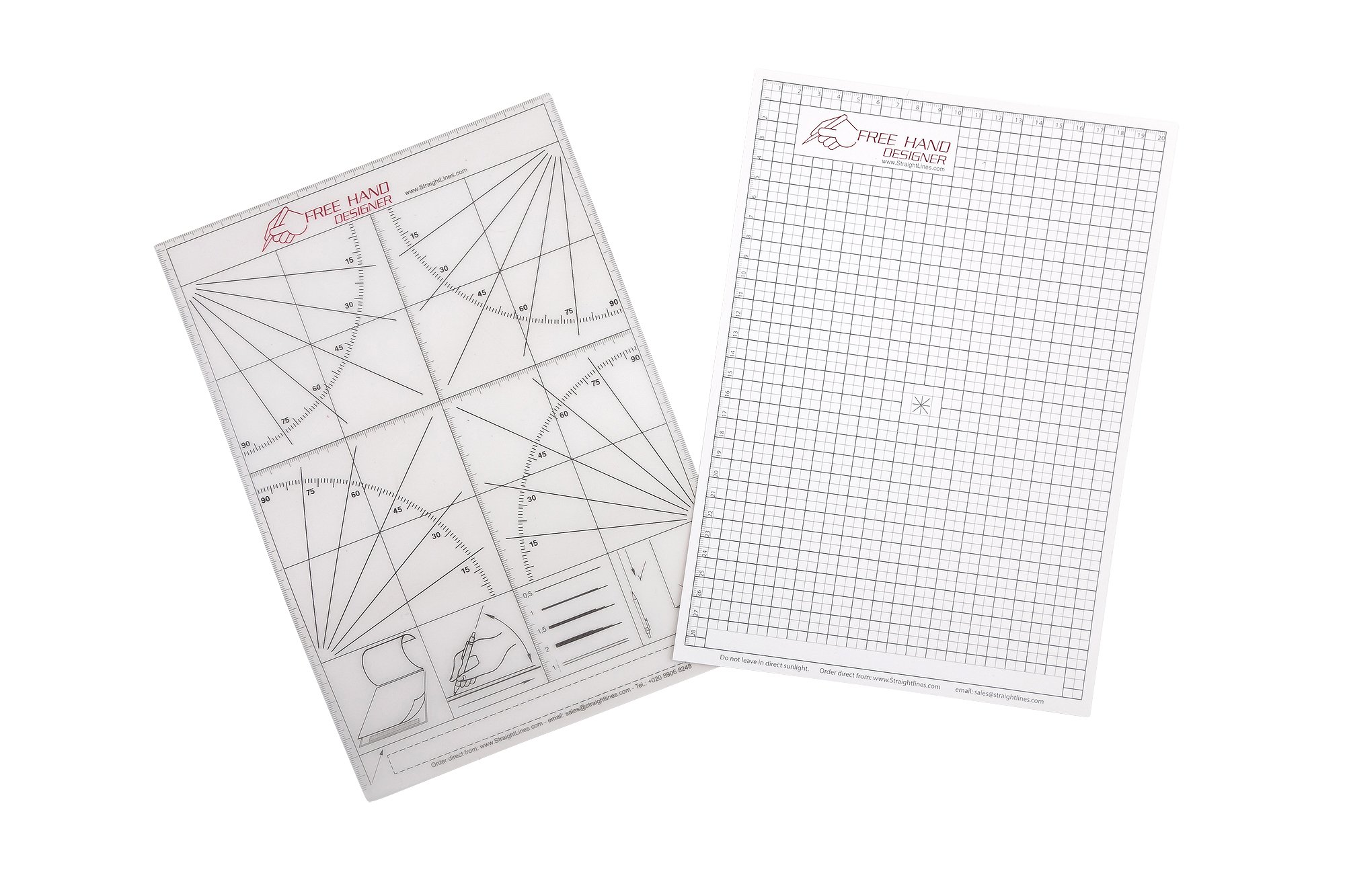 2 x A4 'Freehand Designer' Sheets. 1 x Grid Sheet & 1 x Protractor Sheet. Draw Perfect Straight Lines Templates. Grid Type Sheets for Scale Drawings. Protractor Sheet can be used for precise angles