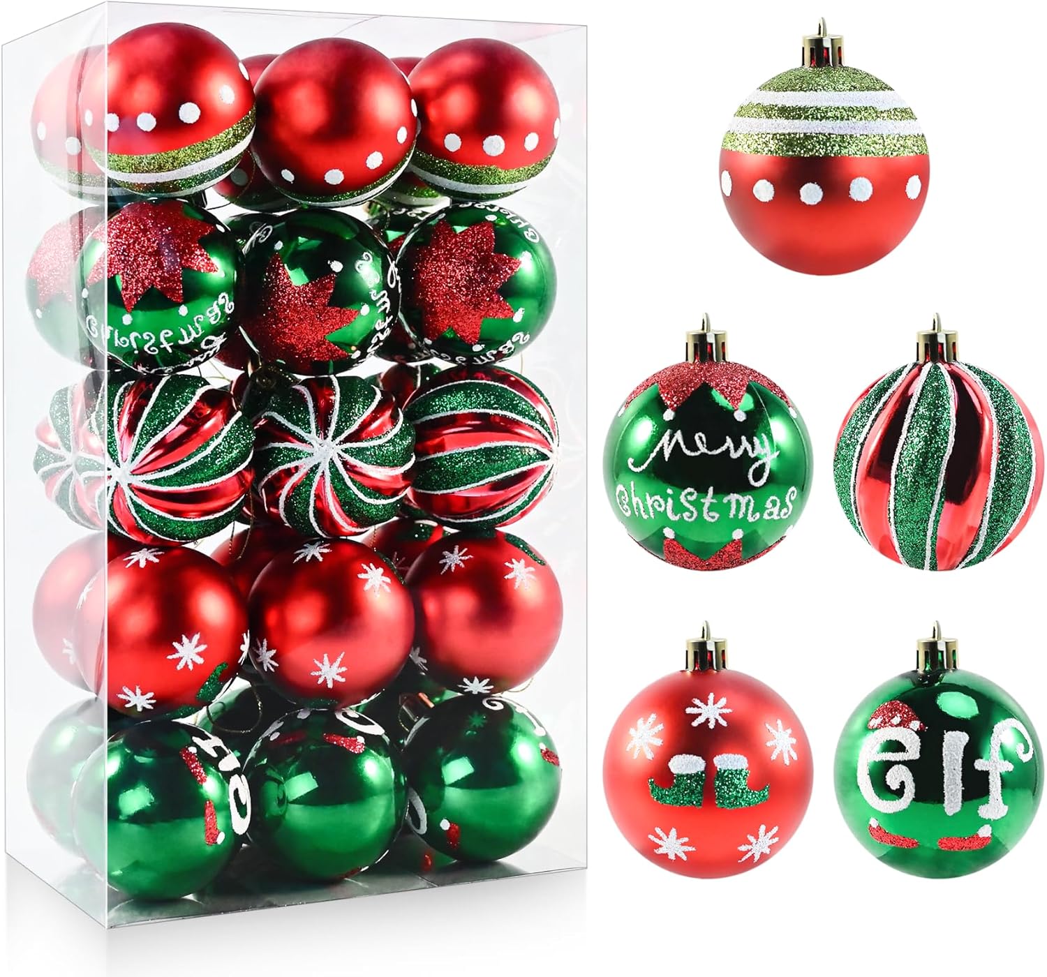 Ornaments - 30PC Christmas Ball Ornaments - 2.36 Inch Red Green White Christmas Balls, Shatterproof Christmas Tree Hanging Ball Ornaments Decorations for Xmas Trees