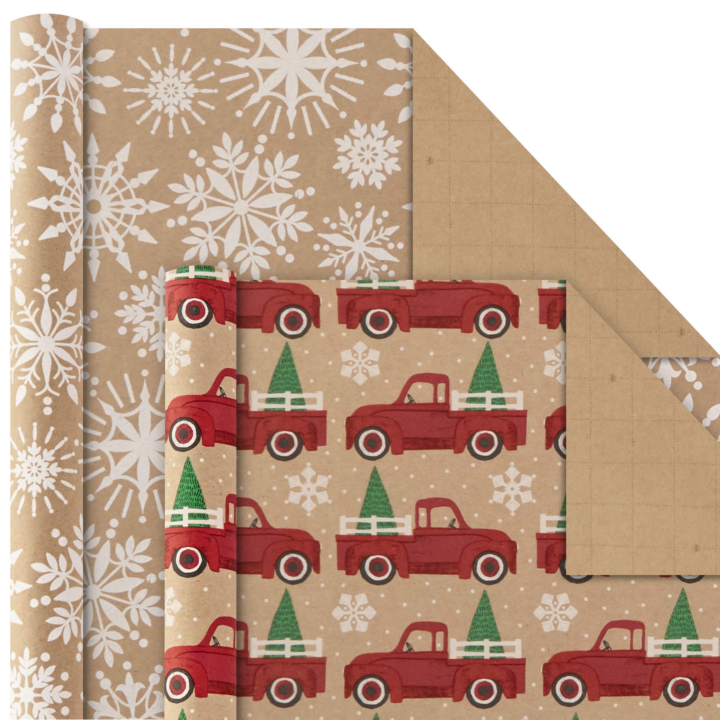 Hallmark Christmas Wrapping Paper Bundle with Cut Lines on Reverse, Kraft (Pack of 4, 88 sq. ft. ttl) Red Trucks, Snowflakes, Stripes, Merry Christmas (5JXW1038)