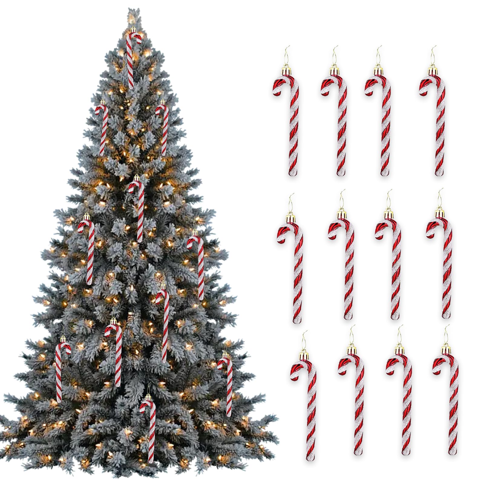 12Pack Christmas Glitter Candy Cane, Twisted Crutch Canes Christmas Tree Pendant Hanging Decoration for Xmas Gift Home Party Ornaments (Red)