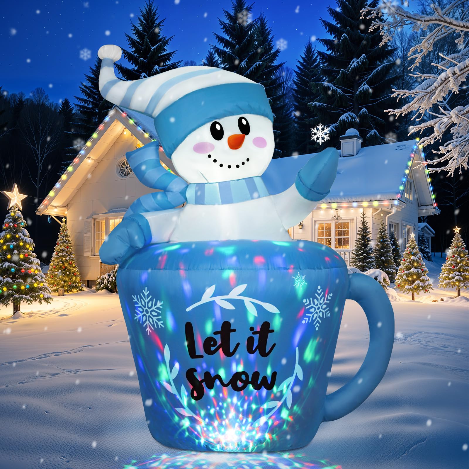 Photo 1 of OurWarm 5FT Christmas Inflatable Snowman in Mug, Adorable Blue Snowman Blow Up Awaiting the Snow, Christmas Inflatables Outdoor Decorations with Built-in LEDs & Blower for Yard Lawn Winter Inflatables