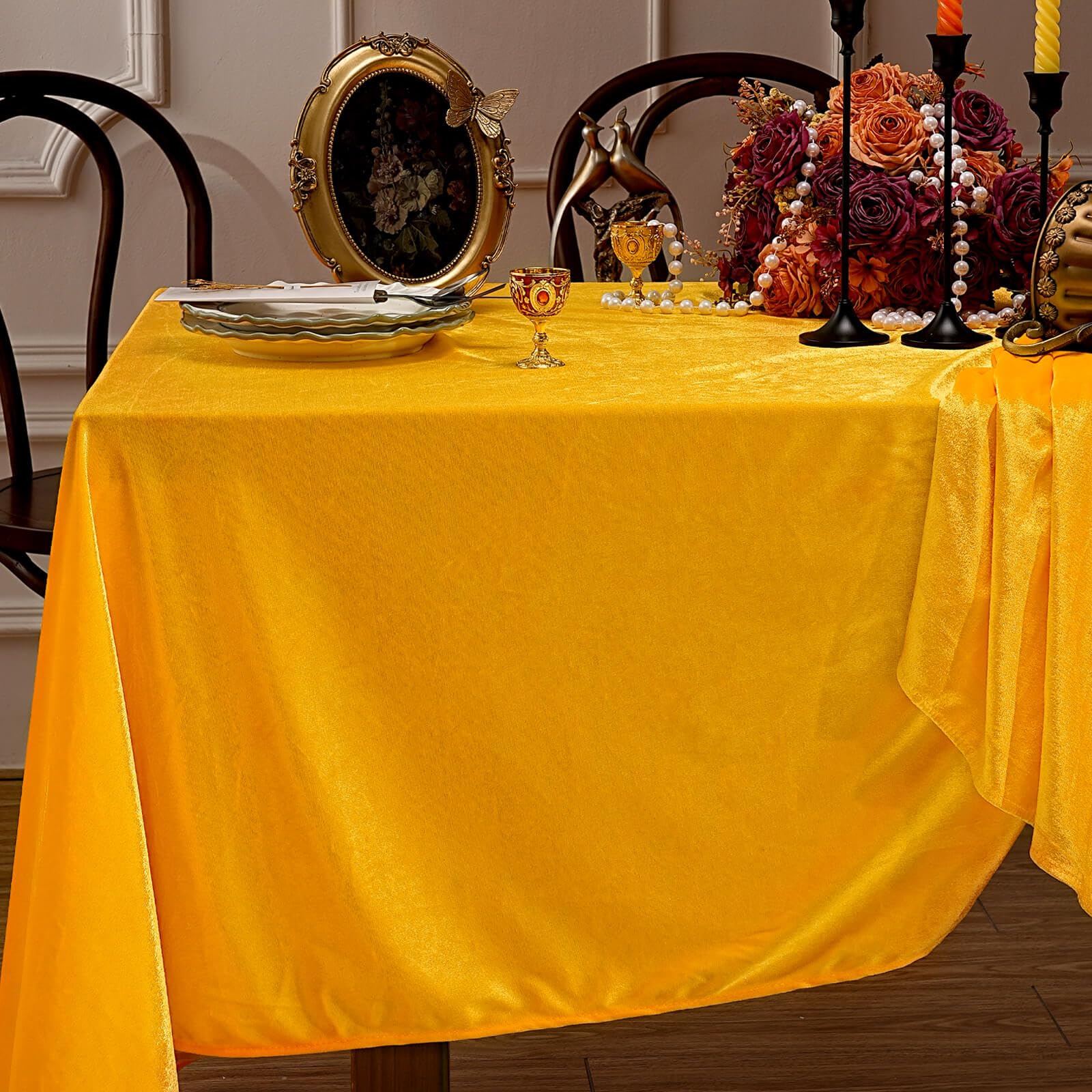 Photo 1 of **HAS A STAIN** SoarDream Gold Velvet Tablecloth for Party: 60x102 Inches Easter Tablecloths - Wedding Reception Rectangle Table Decorations