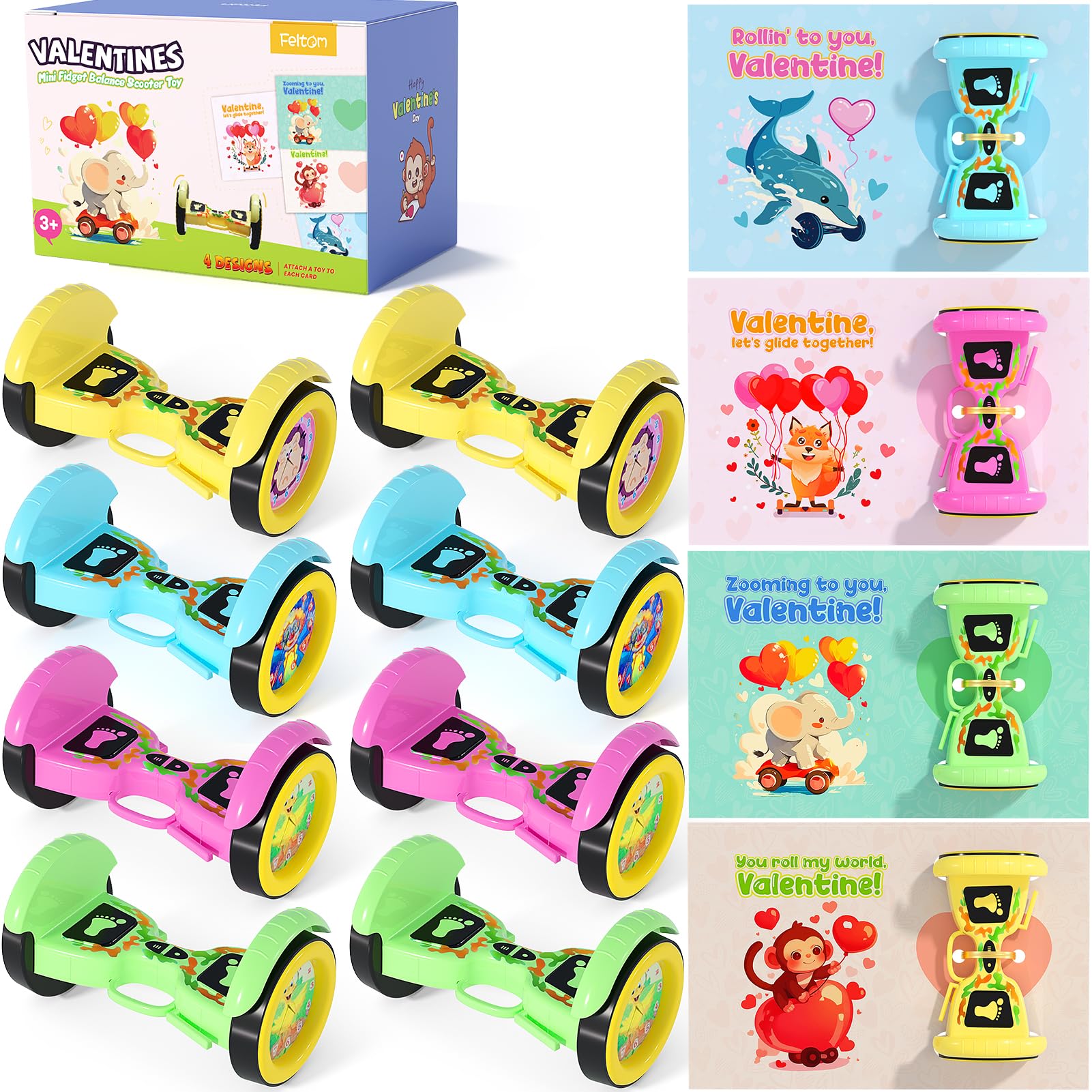 Feltom 28 PCS Mini Finger Balance Car Party Favors, Fidget Toys with Valentine Cards, Valentines Day Gifts for Kids Classroom School Party Favors, Valentine Classroom Prizes Exchange Gifts