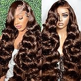 A8 Chocolate Brown Human Hair Wig 200 Density 13X6 Body Wave Lace Front Wigs Human Hair HD Frontal Wigs Pre Plucked Glueless Brown Lace Front Wig for Women 26 Inch