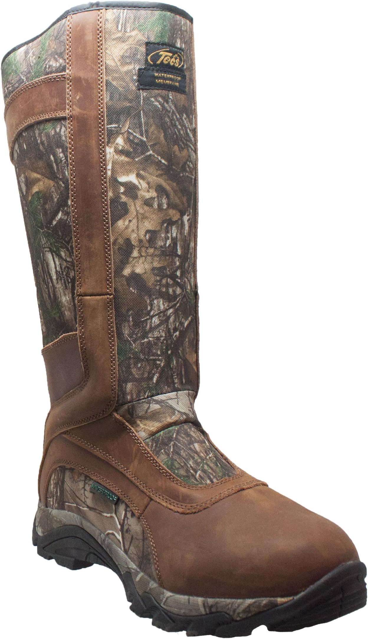 TECS	15" Men's Snakebite Boots, Leather + Suede, Waterproof for Hunting, Fishing, Hiking, Camping or Outdoors, Aggressive Rubber Outsole, Inside Zipper