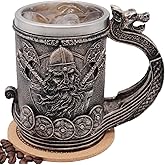 WOKHACH Medieval Viking Mug Beer Stein Tankard,Stainless Steel Drinking Tankard Mug Coffee Cup,Norse Mythology Poetic Gothic Decor Party Decoration Drinkware Gift for Men18OZ(Drakkar Warrior)