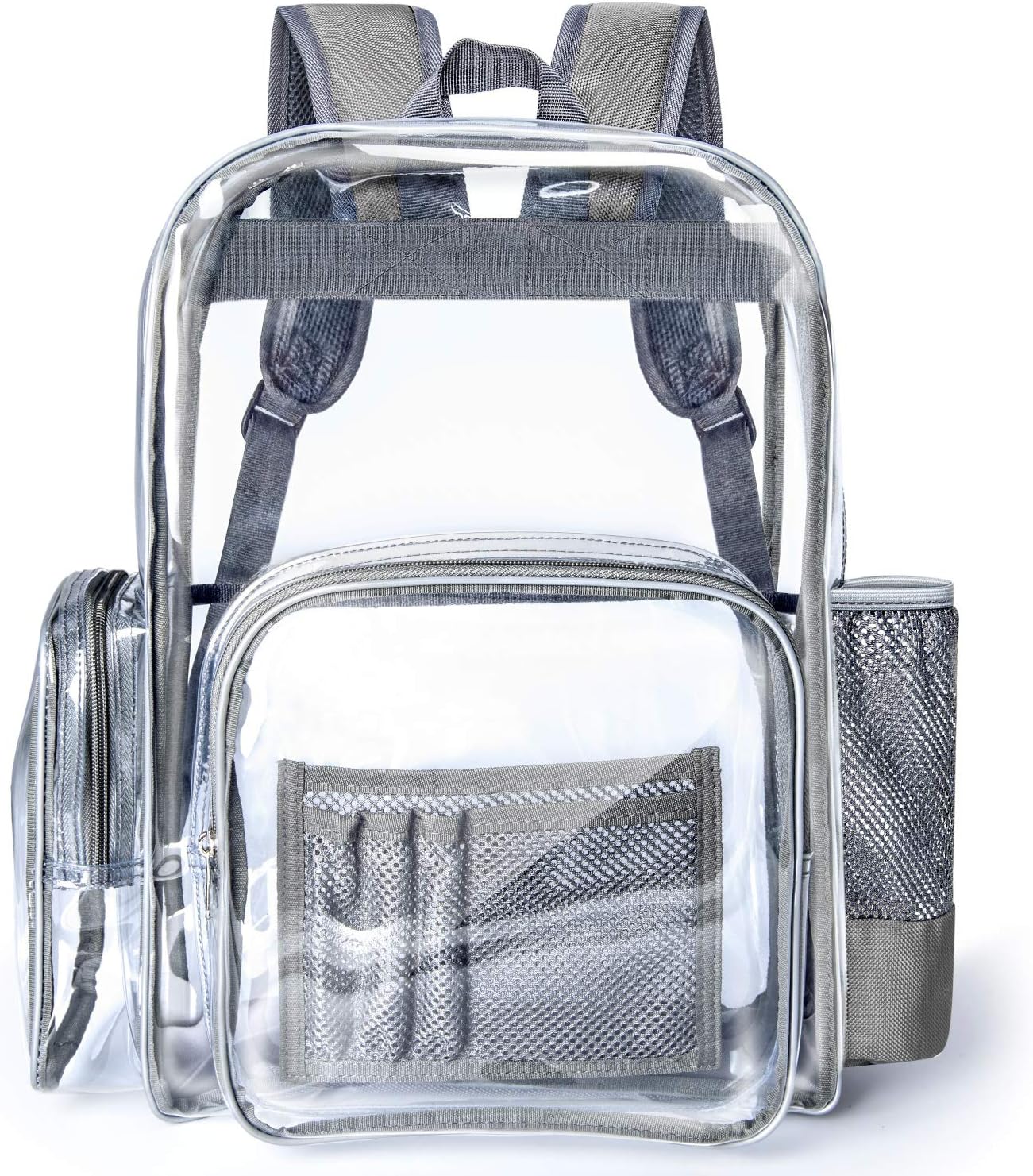 Clear Backpack, Packasso Heavy Duty Large Sturdy Waterproof Oxford Fabric Bottom Roomy Clear Bag for Adults, Boys, Girls, Security, Stadium, School, Work, Travel and More, Grey Straps