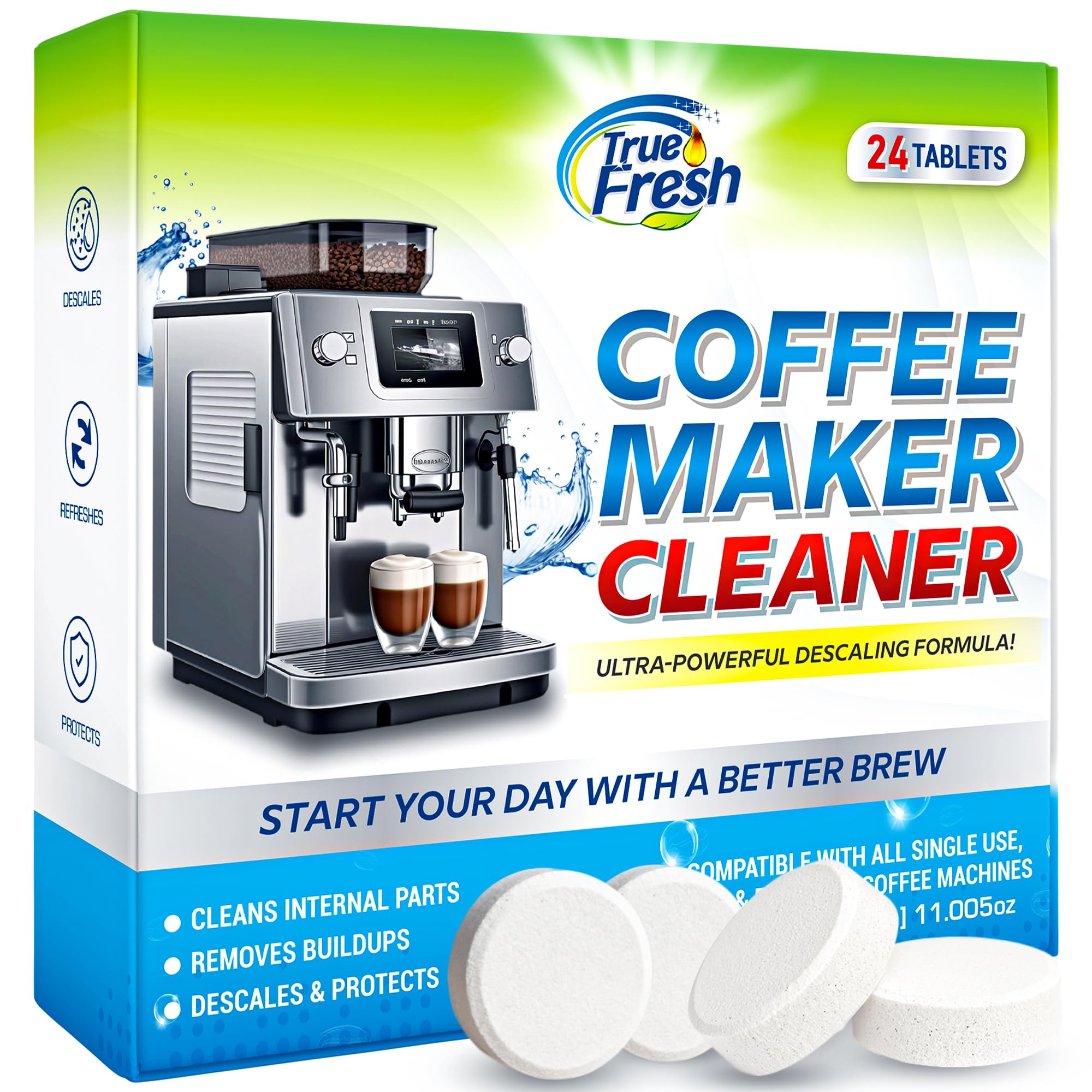 Photo 1 of True Fresh Coffee Machine Descaler & Cleaner Tablets - 24 Count, Uses for Keurig, Breville, Miele, Delonghi, Ninja, Nespresso, Coffee Maker Pot cleaning Tabs, Descale Drip Coffee & Espresso Machines