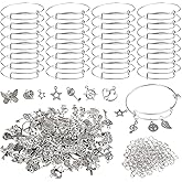 Charm Bracelet Making Kit,UPINS 30Pcs Silver Expandable Blank Bracelets Adjustable Wire Bangles with 100Pcs Tibetan Silver Charms, 200Pcs Open Jump Rings for Jewelry Making