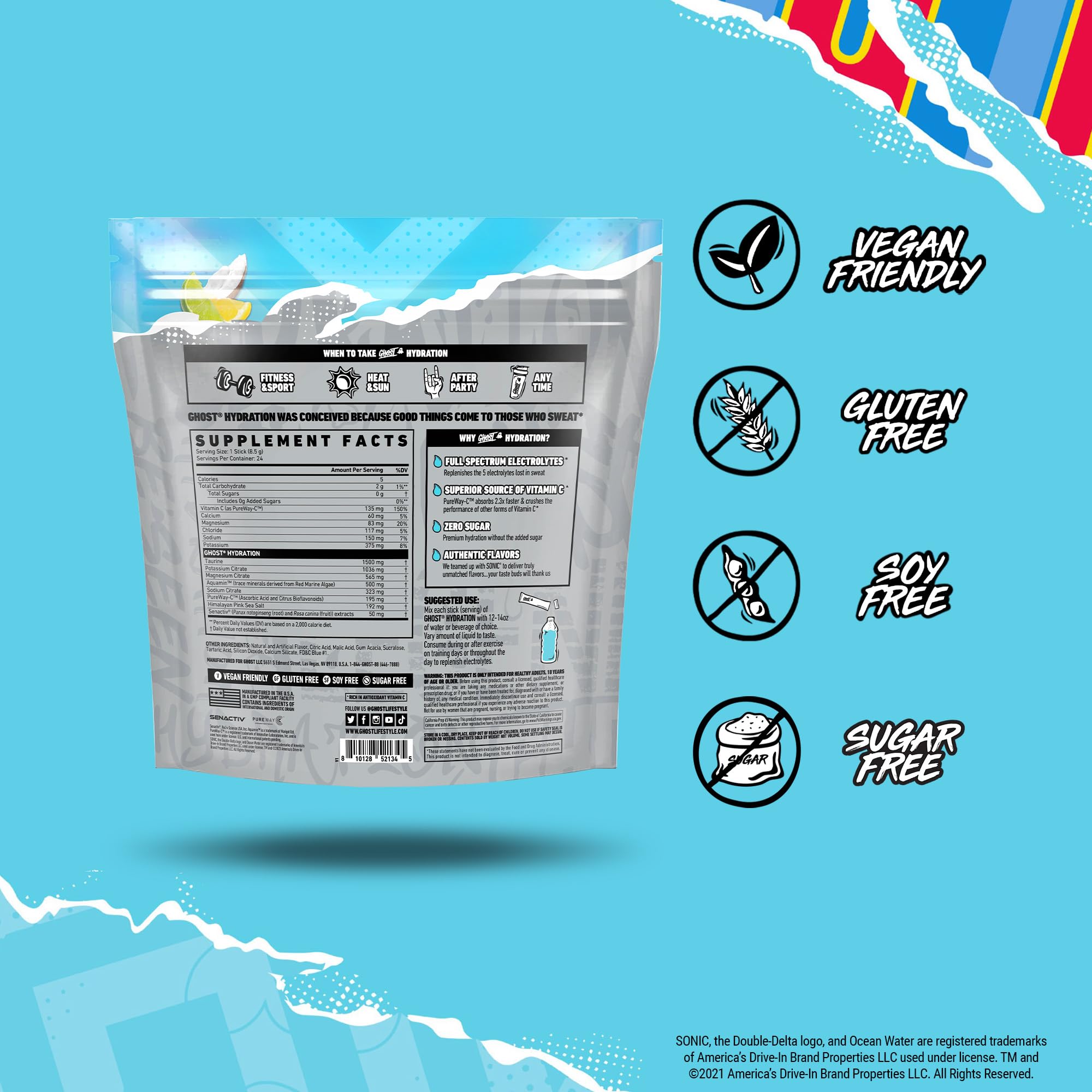 GHOST Hydration Packets, Sonic Ocean Water, 24 Sticks, Electrolyte Powder - Drink Mix Supplement with Magnesium, Potassium, Calcium, Vitamin C - Vegan, Free of Soy, Sugar & Gluten