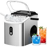 EUHOMY Ice Maker Countertop with Handle, 9 Ice Cubes Ready in 6 Mins | 26.5lbs Daily, Self-Cleaning, Portable Ice Maker Machine with Basket &amp; Scoop, for Home/Kitchen/Camping/RV，Silver
