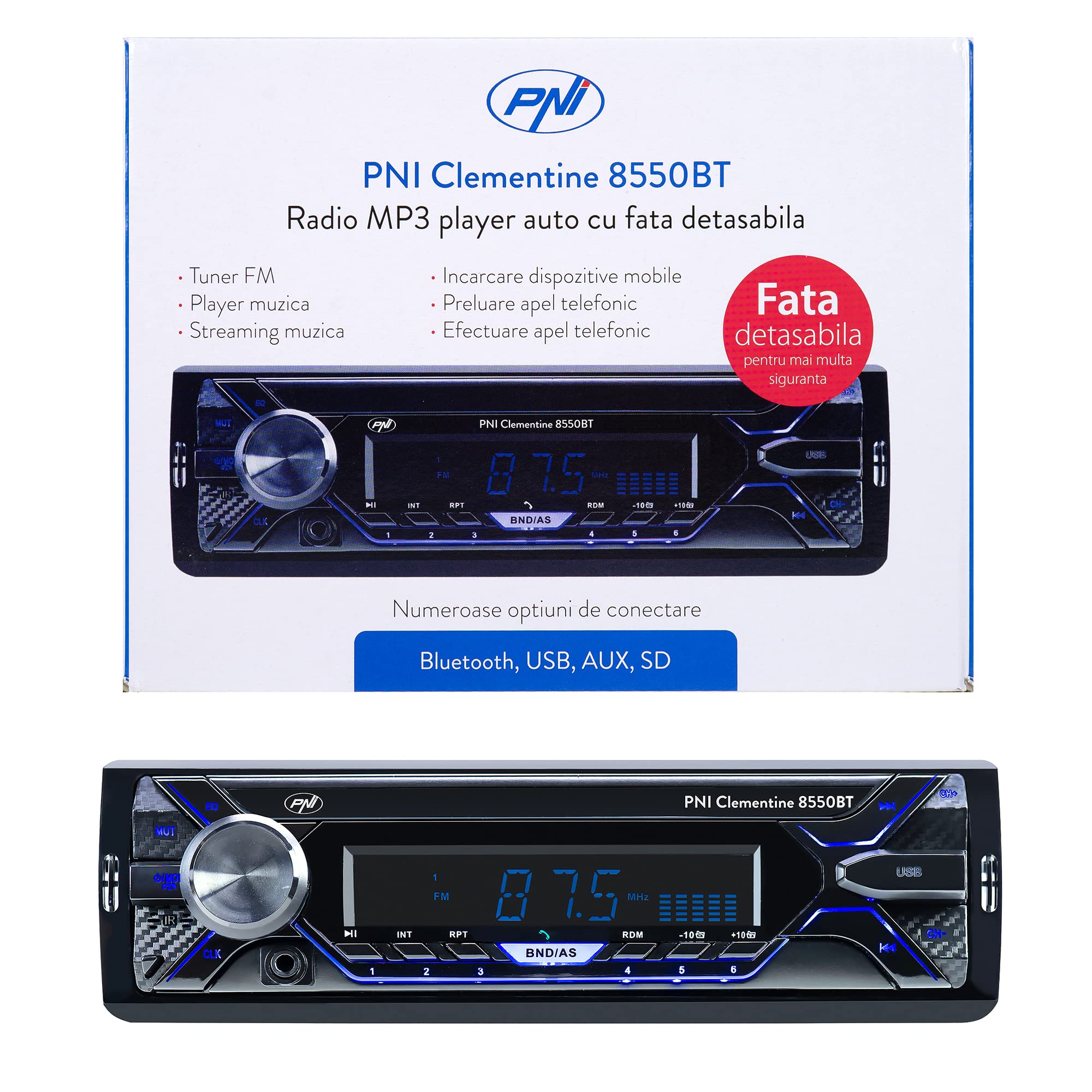 Car MP3 player PNI Clementine 8550BT, detachable front, 4x45w, 12V, 1 DIN, with SD, USB, AUX, RCA