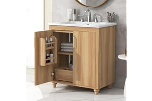 LUMISOL 30" Bathroom Vanity with Sink, Small Bathroom Vanity Cabinet with 1 Drawer and Soft-Close Doors, Storage Racks, Wooden Freestanding Bathroom Cabinet with Ceramic Sink, Natural