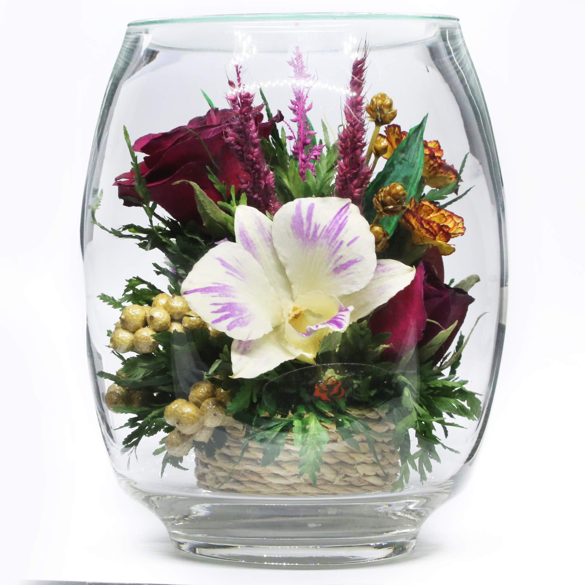 Fiora Flower | Long Lasting Real Roses and Orchids | Lasts up to 5 Years | Anniversary Floral Arrangement | Unique Present Gift (Tulipbud Vase)