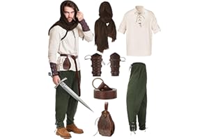 MEISTUIK 6 Pcs Men's Renaissance Viking Costume Medieval Pirate Shirt Pant Accessories Set for Halloween