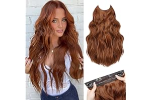 MORICA Halo Hair Extensions 20 Inch Auburn Invisible Wire Hair Extensions, Long Wavy Synthetic Hairpiece with Transparent Wire Adjustable Size, 4 Secure Clips for Women