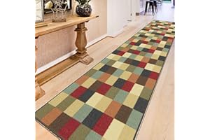 OTTOMANSON Machine Washable Checkered Design Non-Slip Rubberback 3x10 Traditional Runner Rug for Hallway, Kitchen, Bedroom, Living Room, 2'7" x 9'10", Multicolor