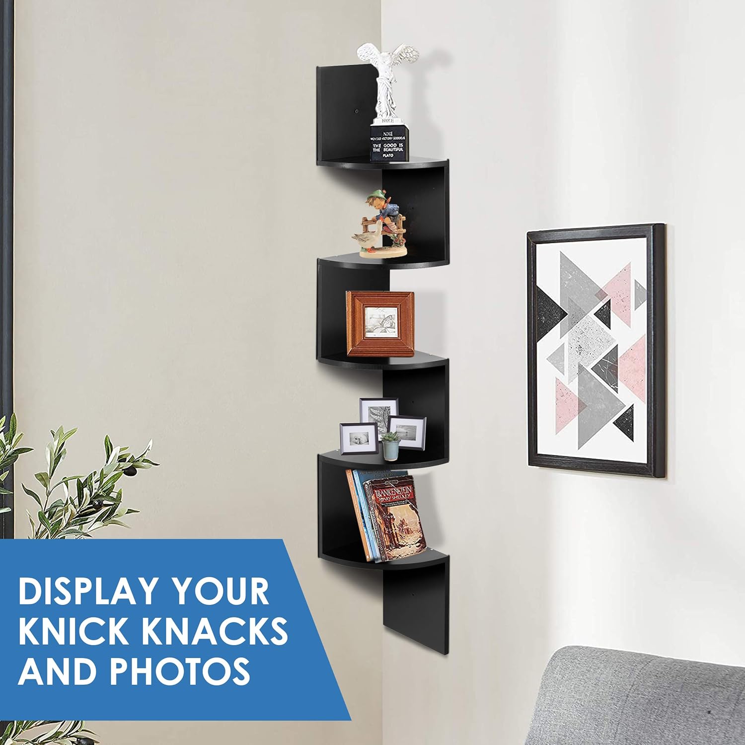 Wall Mount Corner Shelves, 5 Tier Zigzag Decorative Design by Halter, Black: Kitchen & Dining