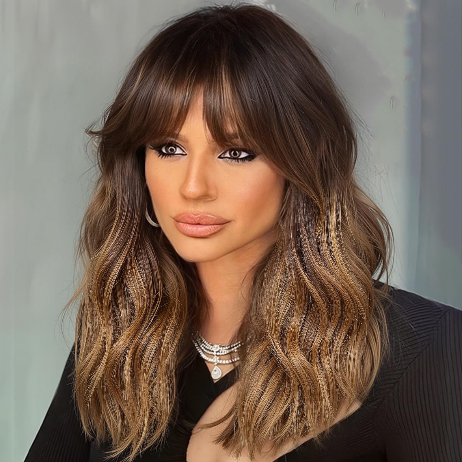 Photo 1 of KOME Ombre Brown Wig with Bangs,Black mix Brown Highlight Wavy Wigs for Women,Shoulder Length Curly Synthetic Hair Wig for Party Daily Use 18IN…