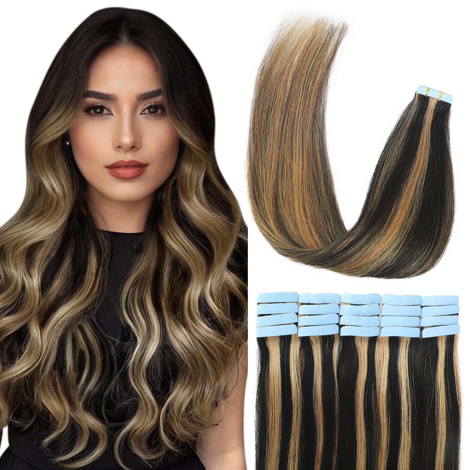Tape in Hair Extensions Straight 1b/613 Highlight Black to Blonde Thick Remy Tape in Hair Extensions Human Hair 100% Real Human Hair 20pcs 20 inch โ image 1