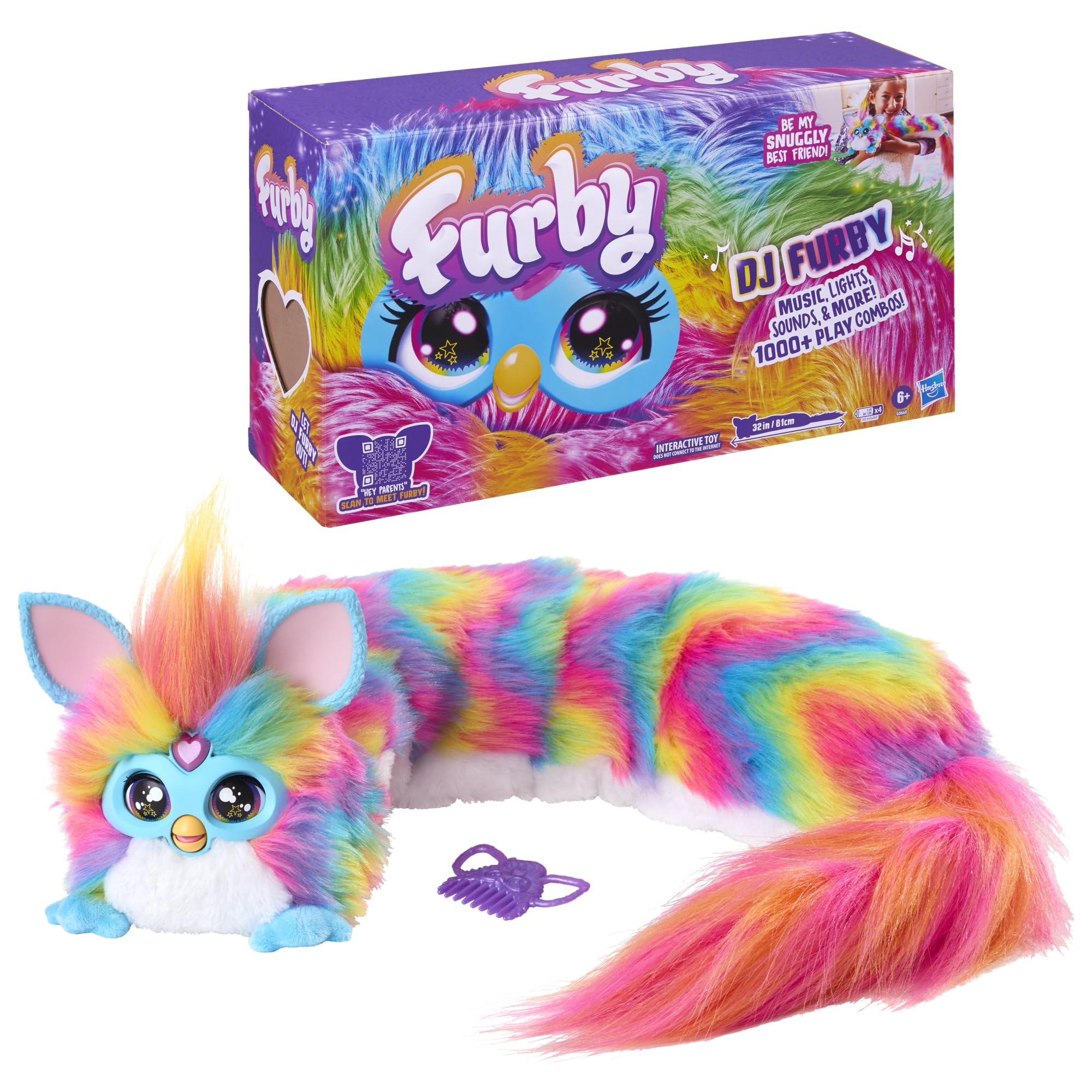 FURBY DJ Interactive Toy, Super Snuggly Rainbow Electronic Plush with Music, Lights, Motion, & Games, Speaks English & Furbish, 32in Long, Ages 6+