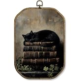 WUHSDIBC Moody Black Cat Octagon Wall Art Decor, Dark Academia Antique Book Framed Canvas Art Prints, Medieval Gothic Wall Hanging Decor for Home Bedroom Library, 10.2x7 Inches