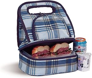 Savoy Lunch Bag Tote - Fully Insulated Includes Bonus Storage Food Container - Varsity Blue Plaid by Picnic Plus