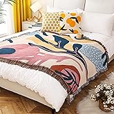 LumiSyne Double-Sided Cotton Woven Throw Blanket with Tassel Jungle Bohemian Style Tapestry Shawl Multi-Function Decorative Throws for Sofa Bed Armchair Camping Blanket Tablecloth Carpet 160x130cm