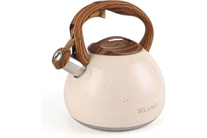 BELANKO 2.7 Quart Tea Kettle for Stovetops - Food Grade Stainless Steel Teapot with Loud Whistle, Cool-Touch Wood Pattern Handle, Rust-Resistant Whistling Kettle - Starry Cream