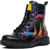 coolcustomize Womens Mushroom Floral Combat Boots - Witchcore Forest Goth Boots Chuncky Heel Vegan Leather Fashion Lace-Up Black Ankle Booties