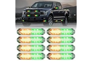 PKINGLAKE 8-Pcs 12 LED Sync Feature Emergency Strobe Grille Lights Ultra Slim Surface Mount Hazard Warning Flashing Light Bar for Firefighter/Construction/Police/Trucks/Vehicles/Car/SUV (Green/Amber)