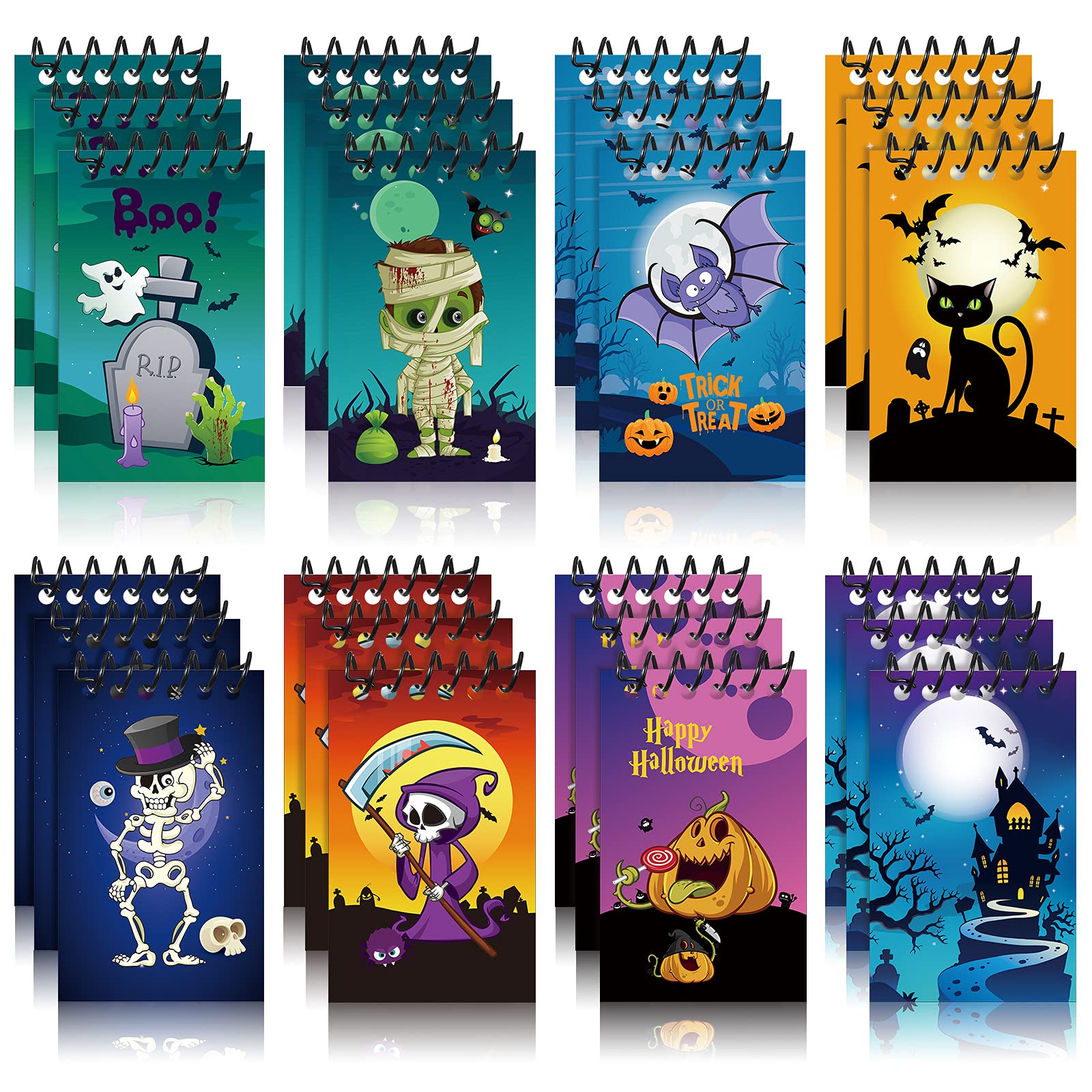 Nezyo 24 Pieces Halloween Mini Spiral Notepads Party Favors Notebooks 8 Designs Ghost Spiders Pumpkin Spiral Notebook Halloween Prizes Goody Bag Filler for Halloween Party School Supplies
