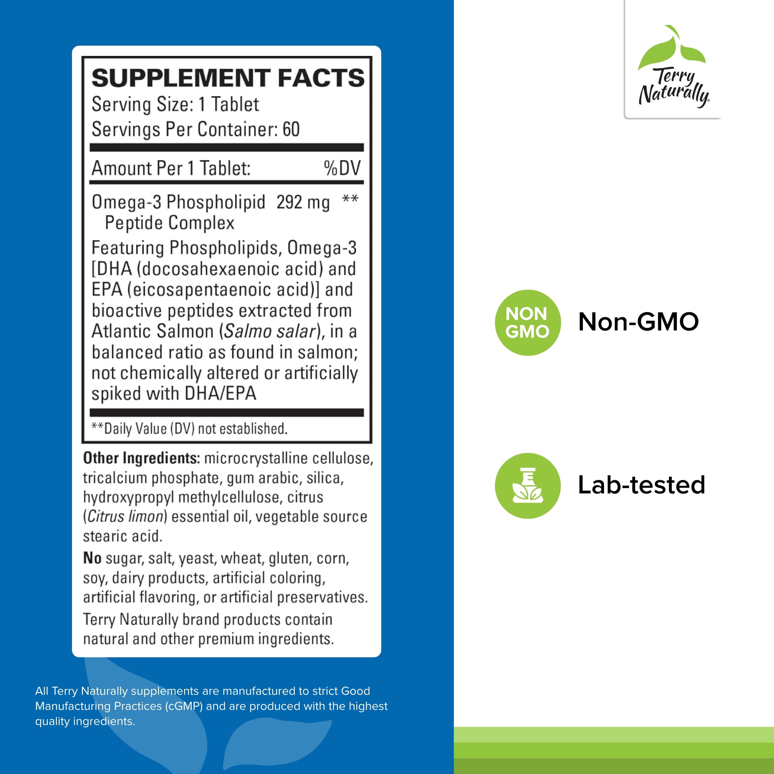 Terry Naturally Vectomega - Supplement with EPA & DHA - Omega-3 Tablets for Brain & Heart Health Support - Nutritional Supplement with Essential Fatty Acids & Peptides - 60 Tablets